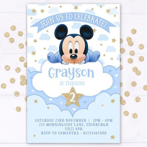 Personalised Baby Mickey Mouse Invitations, Birthday Invites, 10 with envelopes | eBay Birthday Cards Printable, Mickey Mouse Birthday Invitations, Mickey Mouse Invitations, Happy Birthday Cards Printable, Mickey Baby, Mickey Mouse Theme, Baby Mickey Mouse, Disney Invitations, Baby Mickey