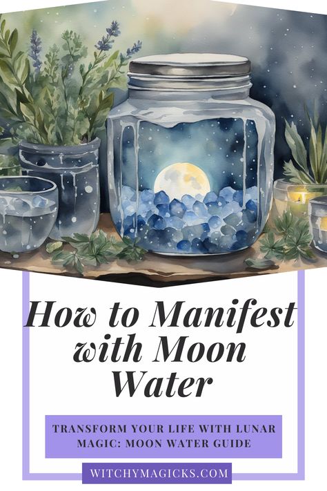 Discover the ancient practice of using moon water to manifest your desires. This step-by-step guide covers everything from preparing your moon water to incorporating it into rituals for maximum impact. Understand the significance of each lunar phase and how it influences your intentions. Start your journey with moon water and unlock the secrets of lunar magic. Learn more at witchymagicks.com! #CrystalsAndGemstones #HerbalMagic #SabbatsAndEsbats #Spellcraft #Witchcraft #MoonWaterManifestation Waning Moon Water, Spells With Moon Water, Beaver Moon Ritual, Moon Water Intentions, Moon Water Uses, Wicca Knowledge, Manifestation Results, Witches Grimoire, New Moon Meaning