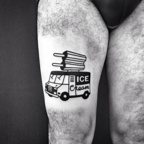 Done this ice-cream van tribute a while ago at Eterno Tattoo Nomad, private studio, Ibiza. Thanks for looking! Minimalist Thigh Tattoo, Wu Tang Tattoo, Simple Leg Tattoos, Thigh Tattoo Ideas, Creative Ice Cream, Thigh Tattoo Men, Truck Tattoo, Ice Cream Van, Leg Tattoo Men