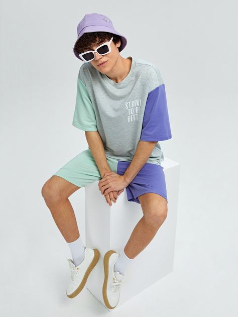 Multicolor Casual  Short Sleeve Polyester Colorblock,Slogan  Embellished Non-Stretch Summer Men Co-ords Outfit Shein, Shein Men, Outfit Hombre, Studio Poses, Men's Bottoms, Drawstring Waist Shorts, Color Block Tee, Mens Luxury Fashion, Fashion Figures