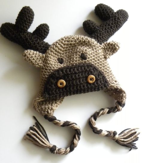 moose Moose Hat, Crochet Moose, Reindeer Crochet, Reindeer Hat, Crocheted Hat, Bonnet Crochet, Crochet Baby Hats, Yarn Projects, Crochet Hat Pattern