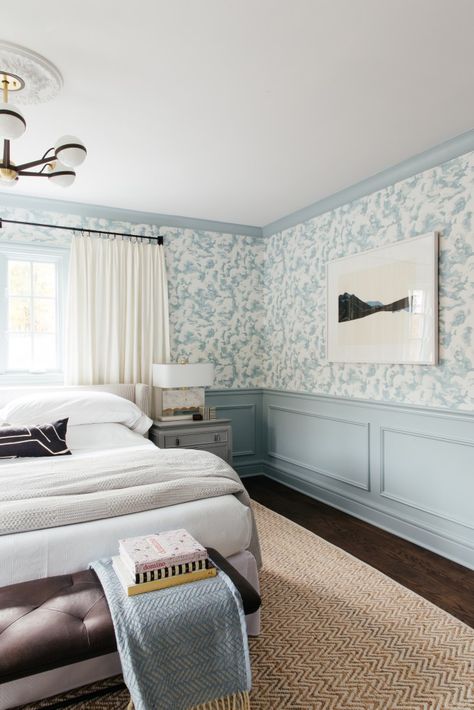 Erin Kestenbaum, Bedroom Wainscoting, Wainscoting Bedroom, Desain Pantry, One Room Challenge, Room Challenge, House Room, Master Bedrooms Decor, Blue Bedroom