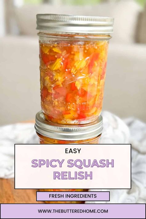 This easy and spicy squash relish recipe is perfect for summer. Fresh is always best and we use our summer bounty of yellow squash to bring you an easy canning recipe for any level of cook.rn Canning Recipes For Yellow Squash, Uses For Yellow Squash, Squash Relish Recipe Yellow, How To Freeze Yellow Summer Squash, Squash Pickles Recipes, Yellow Squash Relish Recipe, Yellow Squash Relish, Summer Squash Relish Recipe, Squash Relish Canning Recipe