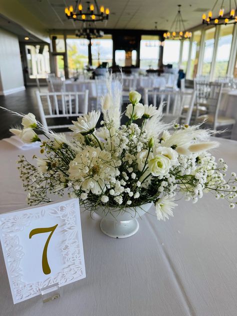 Daisy meadow inspired low footed bowl arrangement. A sleek and sophisticated but fun wedding vibe! Daisy Centerpieces, Centerpiece Wedding, Grandma Birthday, Footed Bowl, Wedding Centerpiece, Fun Wedding, Wedding Centerpieces, Wedding Inspo, Daisy