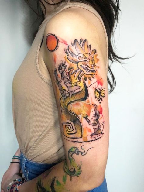 El camino hacia el dorado. The road to el Dorado con un Quetzalcoatl Road To El Dorado Tattoo, El Dorado Tattoo, Quetzalcoatl Tattoo, The Road To El Dorado, Road To El Dorado, Disney Sleeve, Piercings Ideas, Brother Bear, Sleeves Ideas