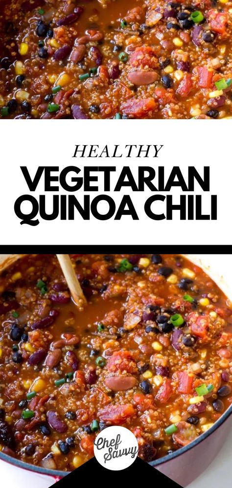 Try this Healthy & Loaded Vegetarian Quinoa Chili Recipe! This super healthy Vegetarian Quinoa Chili is loaded with three different types of beans, corn, and quinoa. It’s hearty, thick, filling, and full of flavor — so much so that you won’t miss the meat. Serve it with some Homemade Cornbread or Homemade Tortilla Chips to complete the meal! Follow Chef Savvy for more Mexican Recipes! Veg Chili, Corn And Quinoa, Quinoa Chili Recipe, Vegetarian Quinoa Chili, Chef Savvy, Quinoa Chili, Homemade Tortilla, Vegetarian Chili Recipe, Vegetarian Quinoa