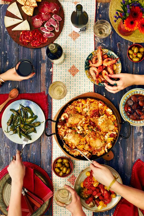 A Spanish fiesta of flavours. Just add Albarino, Cava and Rioja!  https://www.majestic.co.uk/food-and-wine-matching Catalonian Food, Spanish Food Photography, Uk Food, Tapas Recipes, Spanish Tapas, Spanish Cuisine, Spanish Food, Menorca, Mediterranean Recipes