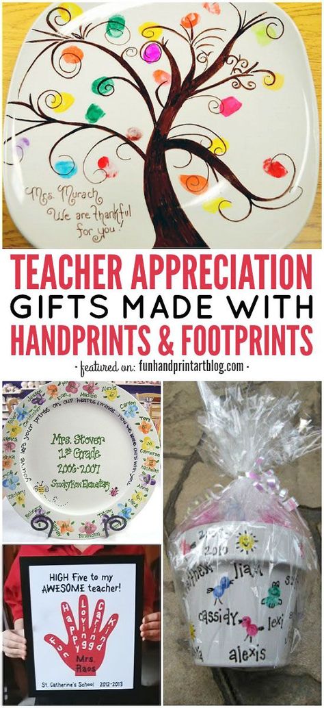 Ideas that make wonderful Teacher Appreciation gifts or end of the school year ideas - All are created with handprint and fingerprints. #teacherappreciation #handprintart #handprintcrafts #fingerprints #funhandprintartblog #giftideas #teachergifts #diycrafts #makersgonnamake #keepsakes #kindergarten #preschool #elementary Teacher Appreciation Crafts, Graduation Poems, Teacher Appreciation Diy, Handmade Teacher Gifts, Appreciation Gifts Diy, Handprint Gifts, Teacher Appreciation Gifts Diy, Teachers Diy, Handprint Crafts