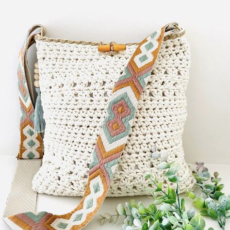 Bohemian crochet bag with decorative motif and wooden bead tassel. A great bag for shopping, the beach or any everyday occasion. . . . . … | Instagram Bohemian Crochet Bag With Granny Square For Beach, Bohemian Beige Crochet Bag With Handles, Totebag Rajut, Beige Bohemian Crochet Cotton Bag, Handmade Beige Bohemian Crochet Bag, Hekel Handsakke, Bohemian Beige Crochet Bag With Macrame, Handbag Ideas, Bohemian Crochet