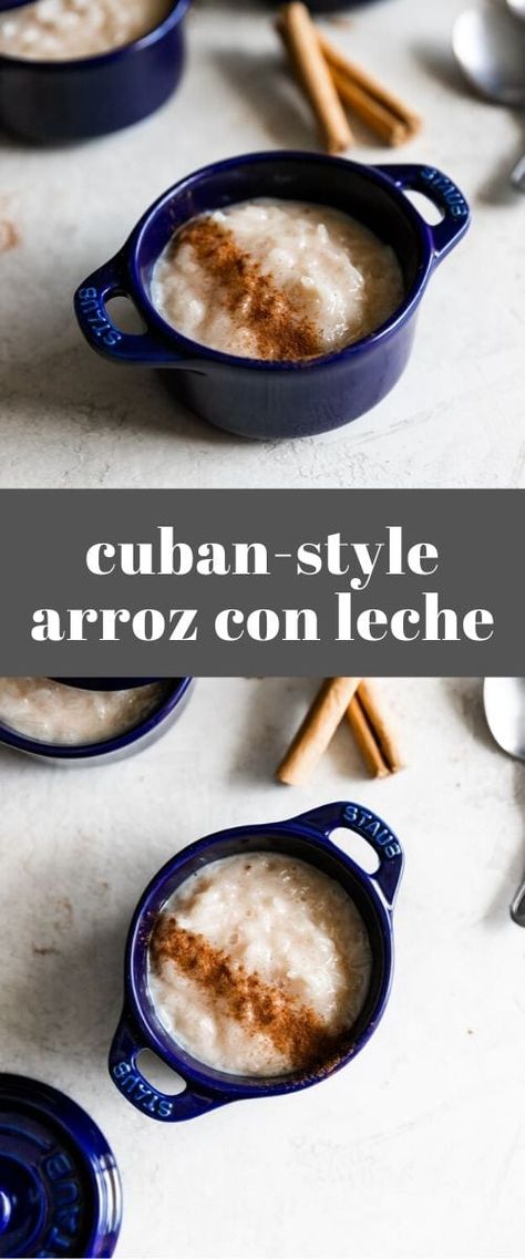 An easy-to-make and deliciously creamy arroz con leche (rice pudding) made Cuban-style with sweetened condensed milk, cinnamon, and lemon zest! Cuban Rice Pudding, Cuban Rice, Cuban Desserts, Coconut Rice Pudding, Hot Chocolate Fudge, New Year's Desserts, Cuban Cuisine, Cuban Style, Rice Recipes For Dinner