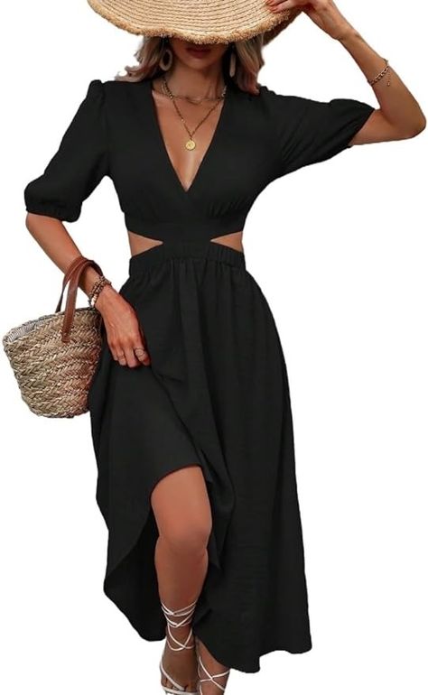 Summer Women's Dress Plunging Neck Cutout Waist Puff Sleeve Long Dress Half Sleeve A-Line Casual Black at Amazon Women’s Clothing store Waist Cutout Dress, Puff Sleeve Long Dress, Dress Half Sleeve, Sleeve Long Dress, Plunging Neck, Half Sleeve Dresses, Casual Black, Cutout Dress, Amazon Women