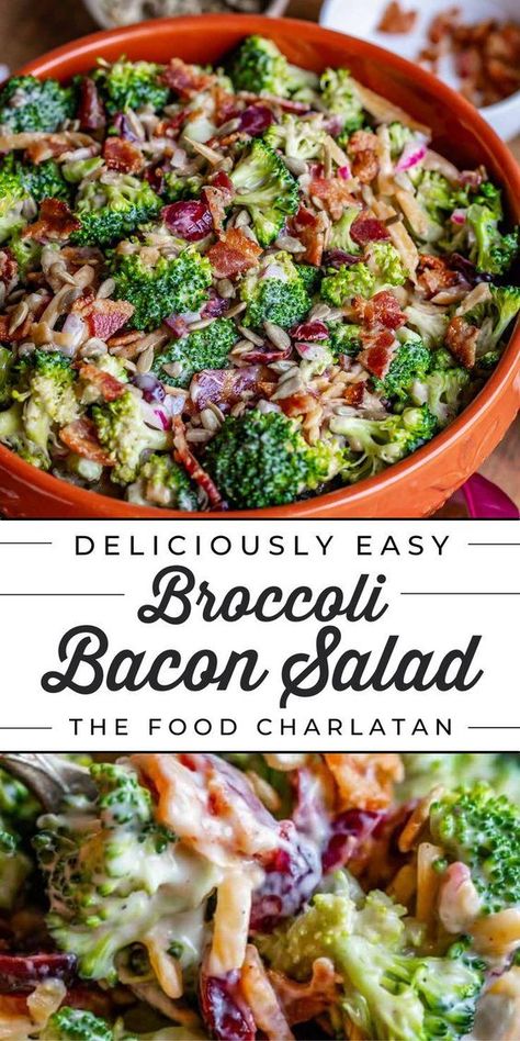 The BEST, most delicious Broccoli Salad - with bacon, cranberries, a tangy homemade dressing, and more! Easy to make and such a crowd pleaser. Check out all the details at The Food Charlatan! Broccoli Salad With Italian Dressing, Christmas Side Dish Salad, Broccoli Chopped Salad, Broccoli Salad Christmas, Brocolli Slaw Ideas, Recipe Broccoli Salad, Hutchins Broccoli Salad, Broccoli Coleslaw Salad, Best Ever Broccoli Salad