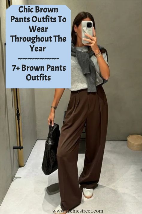 brown pants outfit, brown pants outfits, brown pants outfits women How To Style Slacks, Brown Bottom Outfit, Coffee Brown Pants Outfit, Wide Leg Brown Pants Outfit, Dark Brown Trousers Outfit, Outfit With Brown Pants, Brown Trouser Outfit, Dark Brown Pants Outfit, Brown Dress Pants Outfit