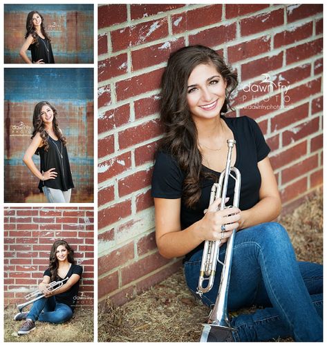 Senior Band Photos, Trumpet, Dawn Fry Photo Senior Picture With Instrument, Senior Trumpet Pictures, Band Senior Pictures Trumpets, High School Band Pictures, Senior Picture Band Ideas, Band Senior Pictures Clarinet, Senior Pictures With Trumpet, Senior Picture Ideas Marching Band, Trumpet Senior Pictures