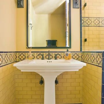 Bathroom Yellow Tile, Yellow Tile Bathroom Ideas, Blue And Yellow Tile, Yellow Tile Bathroom, Wood Panel Bathroom, Bathroom Yellow, Tile Bathroom Ideas, Mediterranean Bathroom, Ceramic Tile Bathrooms