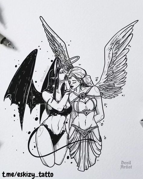 Dark Divine Feminine Tattoo, Women With Thigh Tattoos, Tattoo Ideas Cool Design, Tattoos Dark Feminine, Womens Bicep Tattoo Half Sleeves, Angels And Demons Drawing, Angel Pinup Tattoo, Falling In Reverse Tattoos Ideas, Good And Bad Drawing