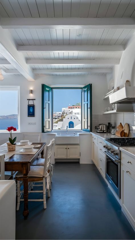 Greek coastal kitchen Greece Kitchen, Nautical Motifs, Greek Home Decor, Greek Home, Coastal Kitchens, Slim Side Table, Garage Guest House, Seashell Decor, Coffee Table With Drawers