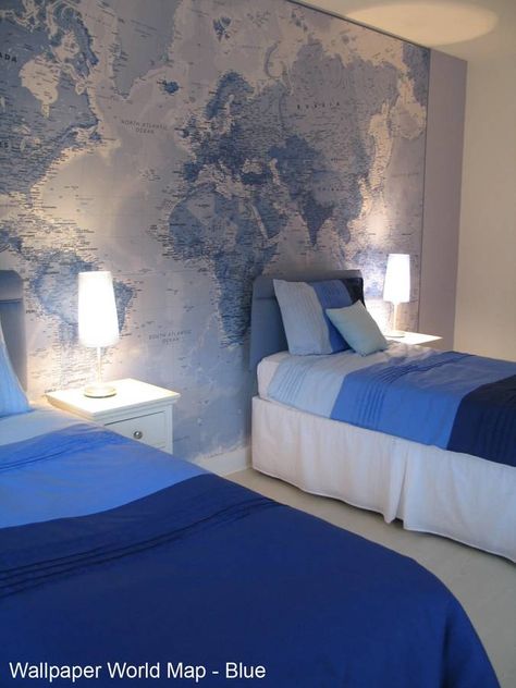 Boys Bedroom Grey, Map Monde, Bunk Beds For Boys Room, Boys Room Wallpaper, Teenager Bedroom Boy, World Map Wallpaper, Boy Bedroom Design, Blue White Decor, Map Wallpaper