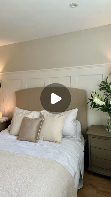 934K views · 38K likes | B&Q on Instagram: "ad UNDER £200 GUEST BEDROOM TRANSFORMATION with @bandq_uk  3 days, 473782 beige tester pots and so many amazing bargain finds and it’s finished and I’m so proud of this bedroom transformation 🥰  Here is everything I used for this project: Paint panelling - £16 good home in shade Alberta Paint walls - £16 good home in shade valdez  Cheshire mouldings Panelling kit - £18.95 (my wall is 3m and I needed x2) Dado rail - £10.77 Beige cushions - £6 Faux flowers  - £4 each  Olive tree - £22 Almir Wall lights - £24  I’ll link everything in my stories, and I’ll be sharing a how to guide this week for my panelling, so you too can #BandQIt with the help of B&Q’s amazing how to guides!  So proud of how this turned out 🥰 just shows you don’t need to spend £1 Guest Bedroom Paneling, Behind Bed Panelling Ideas, Faux Panelling Wall Bedroom, B&q Panelling, Bedroom Panelling Colour Ideas, Dado Rail Bedroom, Bedroom Panelling Wall, Bedroom Panelling Ideas, Wall Paneling Ideas Bedroom