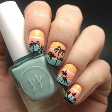 Sunset Toe Nails, 23 Nails, Tropical Nail Designs, Color Block Nails, Palm Tree Nails, Beach Nail Designs, Tropical Nails, Tree Nails, Cute Summer Nails