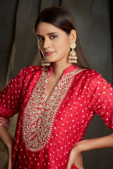 Buy Sunita Nagi Red Georgette Bandhani Kurta Set Online | Aza Fashions Bandhani Kurta, Collar Kurta, Bridal Hairstyle Indian Wedding, Silk Kurti Designs, Bandhani Dress, Casual Blouse Shirts, Silk Kurti, Embroidered Hem, Kurta Set For Women