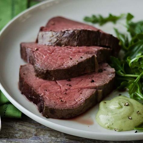 Slow-Roasted Filet of Beef with Basil Parmesan Mayonnaise - Barefoot Contessa Basil Mayonnaise Recipe, Slow Roasted Beef Tenderloin, Filet Of Beef, Barefoot Contessa Recipes, Sirloin Tip Roast, Beef Filet, Beef Fillet, Sirloin Tips, Ina Garten Recipes