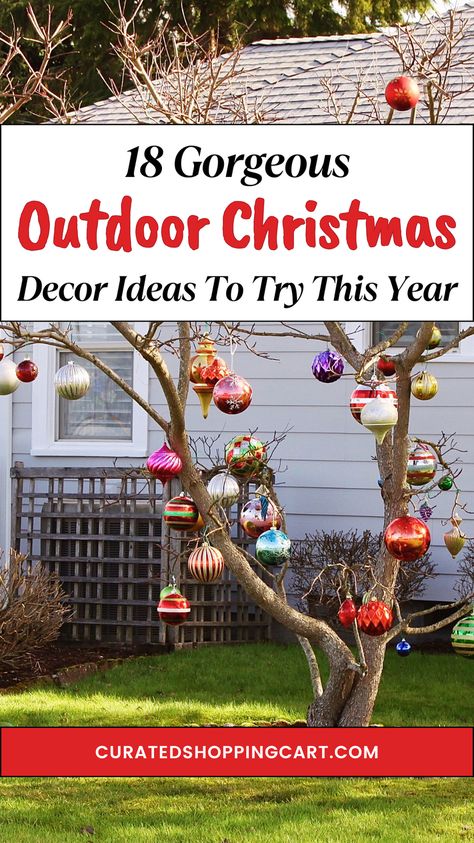 Check out 18 gorgeous outdoor Christmas decor ideas for creating a winter wonderland in your yard! These festive ideas include DIY light-up gift boxes, oversized Christmas ornaments, and even illuminated ice sculptures. Perfect for creating a cozy, inviting outdoor space that will wow guests and neighbors alike. Holiday decorations, festive Christmas yard décor, DIY outdoor decorations, Christmas home décor, winter wonderland yard, Christmas holiday decorations, christmas home aesthetic. How To Decorate An Outdoor Christmas Tree, Lanai Christmas Decorations, Outdoor Christmas Trees Ideas, Oversized Ornaments Outdoor, Outdoor Decorating For Christmas, Decorating Bushes For Christmas, Outdoor Hanging Christmas Decor, Unique Christmas Lights Outdoor, Outdoor Christmas Ideas Diy