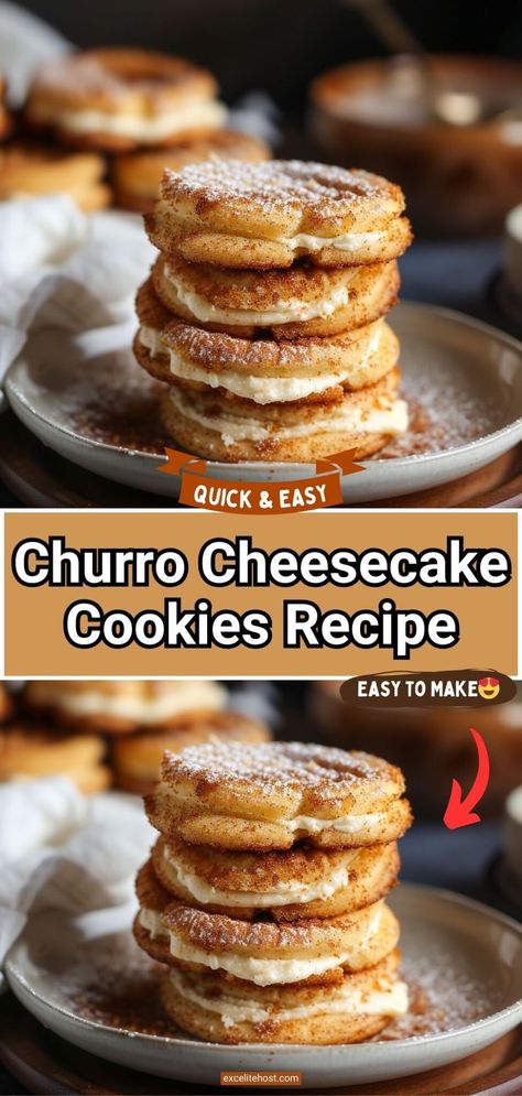 Churro Cheesecake Cookies Fall Desserts Easy Cinnamon, Churro Cream Cheese Cookies, Cream Cheese Churro Cookies, Churro Cheesecake Cookies Recipe, Churro Dessert Ideas, Churro Dessert Recipes, Churro Cookies Recipes, Churro Cheesecake Cookies, Churro Desserts