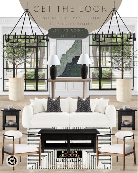 Mood board for a living room design. Bench Ideas Living Room, Modern Mediterranean Living Room, Lamps Green, Tree Living Room, Bachelor Pad Decor, Black End Table, Brass Living Room, Chandelier Wood, Upholstered Coffee Tables