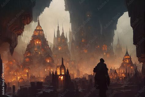 underground city- dusk Underground Fantasy City, Underground City Fantasy Art, Underground Civilization, Planets Aesthetic, Underground Aesthetic, Scene Inspiration, Dnd Backgrounds, Underground City, Dnd Campaign