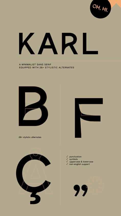 Karl is a bespoke & minimalist sans serif typeface perfectly suited for designing unique brands, bold packaging and much more! This font is equipped with 26 stylistic alternates to make everything you design look refined, unique and professional in seconds. The thoughtfully designed alternate glyphs in combination with the clean and timeless main characters create the perfect balance for your design project. Shop the font here: www.localdesk.de/fonts #graphicdesign #branding #modernfont Serif And Sans Serif Logo, Bold Logo Design Typography, Clean Serif Fonts, Logo Serif Font, Simple Type Logo, Unique Sans Serif Font, Bold Sans Serif Fonts, Modern Sans Serif Logo, Modern Serif Typeface