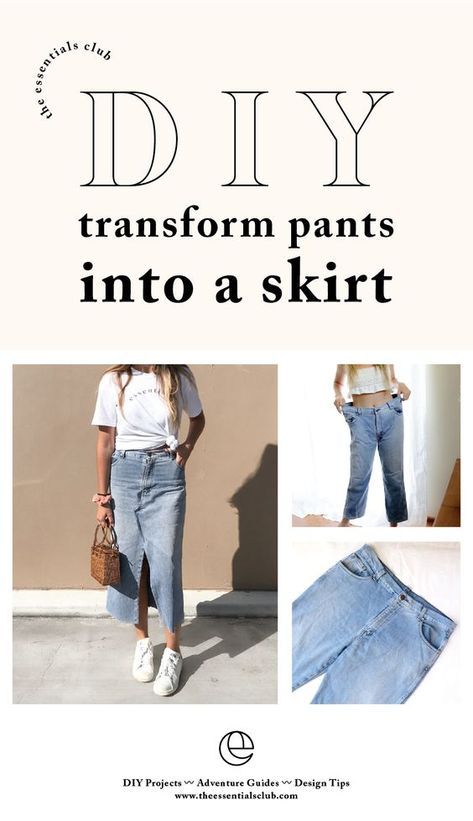 Jeans To Skirt Diy, Pants To Skirt, Diy Jean Skirt, The Essentials Club, How To Make Jeans, Altering Jeans, Jean Diy, Jeans Refashion, Diy Pants