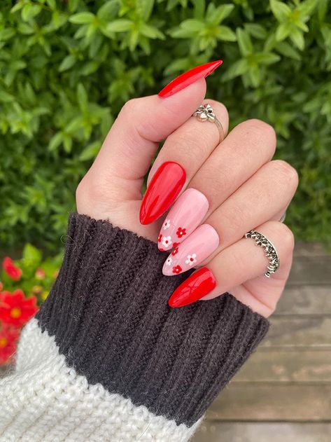 Red Flowers 🌺🤍 Embrace the allure of passion and purity a striking red, pink and white combination. Let the vibrant red and white flowers stand against a serene pink backdrop 💅 Colors Used: 76, 102 & 130 #nailster #nails #nailinspo #gelpolish #nailart Red And Pink Nails, Nails Flowers, Flowers Stand, Pink White Flowers, Red And White Flowers, Pink Backdrop, Pink And White Flowers, Flower Nails, Nail Manicure