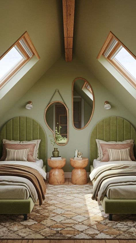 Earthy Attic Bedroom with two separate beds. light green walls and cushion head boards for bed. wooden side table and irregular mirrors. Unique Attic Spaces, Green Attic Room, Slant Ceiling Bedroom, Attic Paint Ideas Sloped Ceiling, Sloped Ceiling Ideas, Cozy Attic Spaces, Bedroom Suite Ideas, Attic Guest Room, Low Ceiling Bedroom