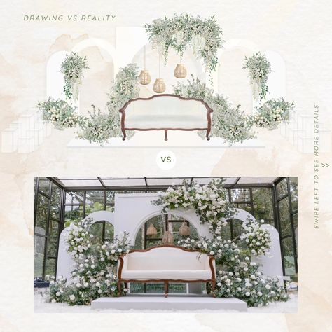 Nature's elegance in full bloom Our bride has envisioned a captivating green base adorned with delicate white flowers for their wedding theme dais. With our 3D design proposal, we're poised to bring this enchanting vision to life, ensuring every detail reflects the beauty of nature's embrace. From the wedding of Shahmi x Aisyah Photo by : @shazuan_shah Let us turn your dreams into reality. . For rates & packages kindly fill in the form on our website . www.rumahdusun.com.my or kindly click... Akad Decoration, White And Green Wedding Decor, Indian Wedding Color Schemes, Green And White Wedding Theme, Wedding Pelamin, White Theme Wedding, Pelamin Nikah, Malaysian Wedding, Green Wedding Decorations