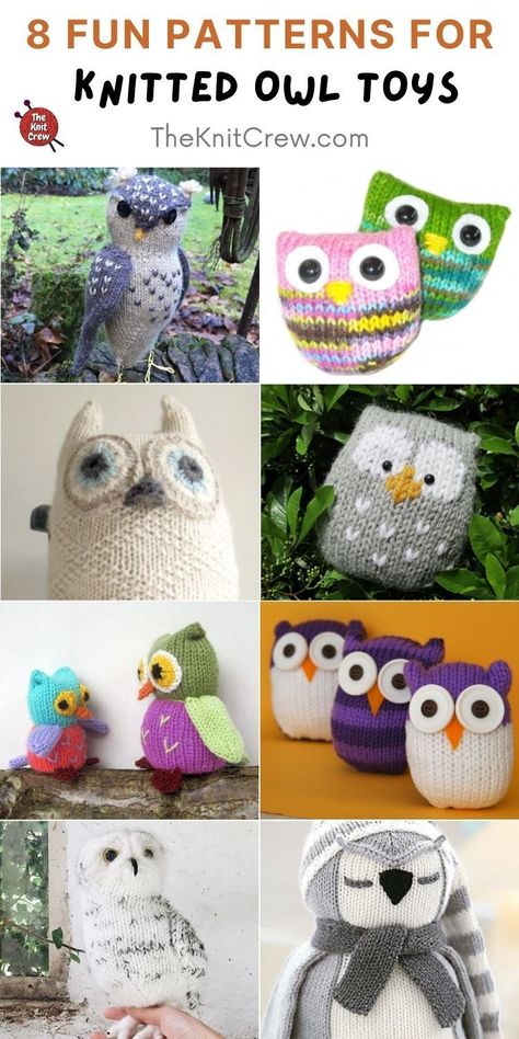 8 Fun Knitted Owl Toy Patterns. These 8 Fun & Adorable Knitted Owl Toy Patterns are curated by The Knit Crew. Knit Owl Patterns Free, Knitted Owls Pattern Free, Free Knitting Patterns Toys Easy, Owl Knitting, Owl Knitting Pattern, Owl Toy, Addi Express, Small Knitting Projects, Knitting Gifts