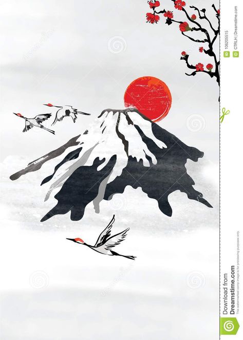 Illustration about Vintage background for japanese / korean greeting cards with stylized mountains, seting sun, blossom branches and flying crane birds. Illustration of designed, branches, crane - 106205515 Korean Greetings, Gunung Fuji, Tree Sleeve, Flying Crane, Mount Fuji Japan, Birds Illustration, Japan Graphic Design, Japanese Mountains, Japan Map