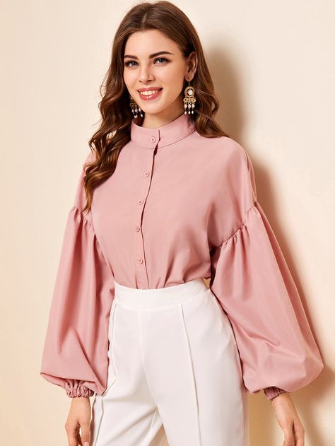 Lantern Sleeve Mock Neck Blouse | SHEIN USA Casual Outfits For Girls, Casual Blouse Shirts, Fall Fashion Skirts, Lantern Sleeved Blouses, Spring Blouses, Mock Neck Blouse, Blouse Models, Plain Shirt, Fashion Sewing Pattern