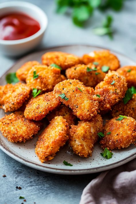 Golden-brown breaded chicken nuggets on a plate, garnished with parsley, with a bowl of ketchup in the background. Healthy Chicken Nuggets Recipe, Air Fryer Chicken Nuggets Homemade, Canned Chicken Nuggets, Recipes Using Canned Chicken, Air Fryer Nuggets, Chicken Nuggets Air Fryer, Using Canned Chicken, Crunchy Chicken Nuggets, Bbq Chicken Bites