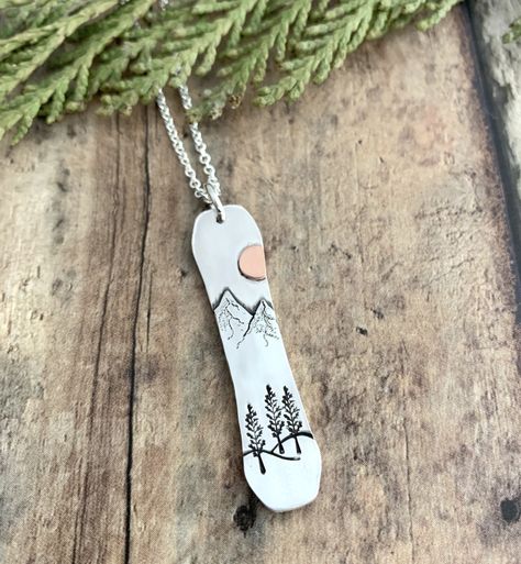 Snowboard and mountain necklace, Pine Tree and Sun Necklace Snowboard Jewelry, Snowboarding Tattoo, Bohemian Sun, Crystal Cuff Bracelet, Metal Stamped Jewelry, Mountain Necklace, Pendant Necklace Simple, Metalwork Jewelry, Sun Necklace