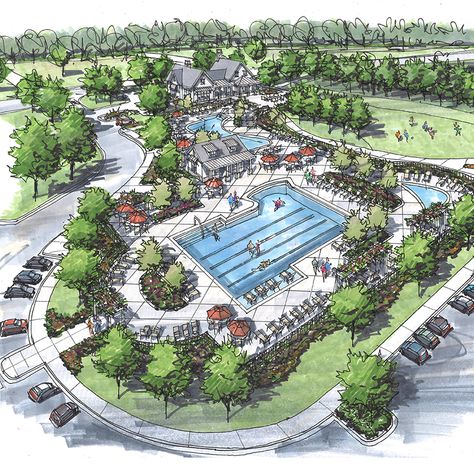 Stephens Valley Town Center. Neighborhood pool design. Best neighborhood in Nashville. Nashville community. Community Recreation Center, Community Pool Design, Community Space Design, Neighborhood Design, Oasis Springs, Square Pool, Sims Inspiration, Town Building, Tiny House Community