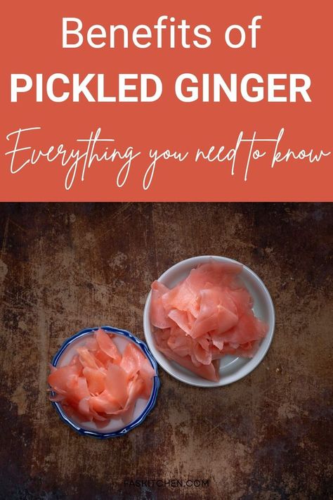 A Pinterest pin showcasing a guide to pickled ginger. The image includes a vibrant photo of pickled ginger slices with chopsticks and sushi in the background. Text overlay provides details on nutrition, benefits, usage, buying tips, and storage advice. #PickledGinger #SushiLovers #FoodGuide Ginger Uses, Sushi Ginger, Health Benefits Of Ginger, Gourmet Sandwiches, Pickled Ginger, Ginger Benefits, Culinary Experience, Ginger Recipes, Japanese Cooking