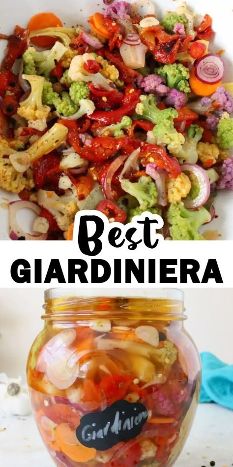 Giardiniera (pronounced jar-deen-YAIR-uh) meaning “from the garden” aka pickled garden vegetables with herbs and spices. Mild or hot, this is the healthy delicious homemade condiment that should be in your refrigerator at all times. Gardeniera Recipe, Pickled Jardiniere, Italian Pickled Vegetables, Canned Giardiniera Recipe, Recipes Using Giardiniera, Refrigerator Giardiniera Recipe, Hot Giardiniera Recipe, Canning Giardiniera Recipe, Chicago Style Giardiniera Recipe