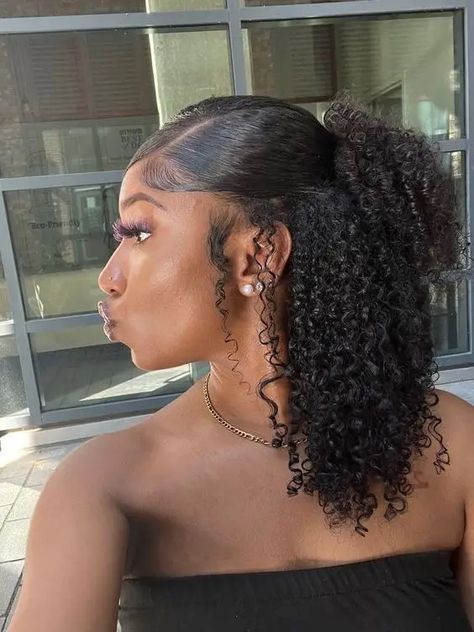 Half Up Half Down Hairstyles: 25 Stunning Ideas for Elegant Ladies Natural Hairstyles For Black Women Hoco, Hoco Hairstyles Black Women Natural, Half Up Half Down Coily Hair, 4c Natural Hair Half Up Half Down, Coily Hair Updo, Hoco Hairstyles Black Hair, Elegant Afro Hairstyles, 4c Half Up Half Down Hair, Natural Hairstyles For Black Women Wedding