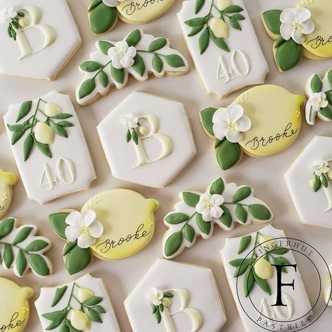 Bridal Shower Ideas Cookies, Lemon Themed Bridal Shower Ideas, Themed Bridal Shower Ideas, Engagement Party Cake, Lemon Themed Bridal Shower, Designer Cookies, Bridal Cookies, Lemon Theme, 16 Candles