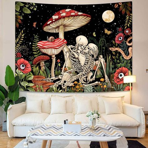 -Aesthetic Hippie Mushroom Skeleton Floral Tapestry. -Brand: Accnicc -Material: Polyester -Different Size Dimension: 36''high × 48''wide, 50''high × 60''wide, 60''high × 80''wide. -High Quality, rich colors, soft and skin-friendly material, and does not fade. -Easy Care, can be machine washed, cannot use bleach and ironed at low temperature. Mushroom Tapestry, Living Room Tapestry, Trippy Room, Trippy Room Decor, Tapestry Nature, Trippy Designs, Forest Tapestry, Hippie Homes, Flower Tapestry