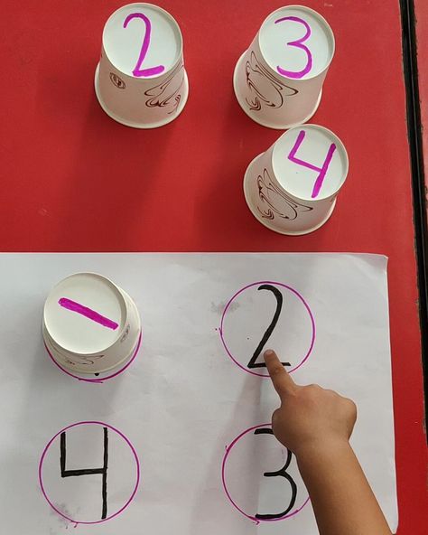 MaTch the Numbers Activity.....💫👏 For toddlers upto 3 years old 🌈. ______________________________________________ In this activity cups are turned upside down, numbers written on them are 1,2,3,4 . There are 4 numbers written on page and children have to place the cups on top of the Sheets by matching the numbers 🔢 . . . Learning objective - Numbers recognition . . . Material needed - Paper cups , marker , white A4 sheet and board ( on which match the Numbers ) is written. . . . #numbersski... Number 4 Activities For Toddlers, Number 1 Activities For Toddlers, Math Activities For Toddlers, Number Recognition Activities, Numbers Activity, Toddlers Activities, Number Crafts, Activity For Toddlers, Math 2