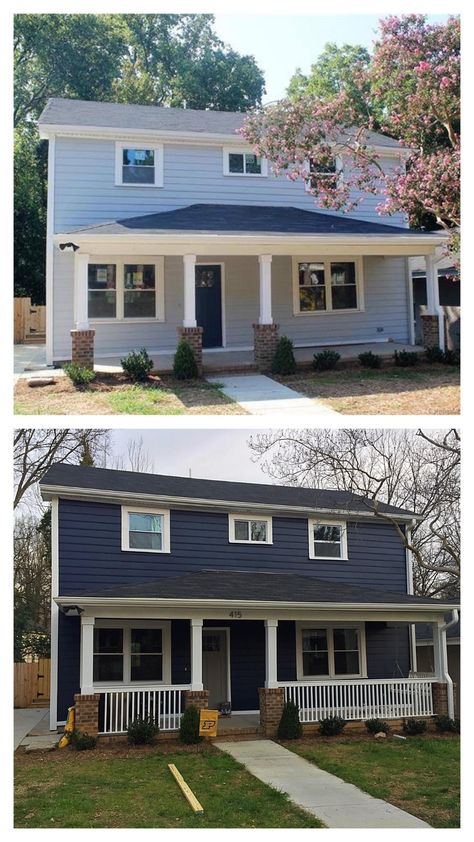 Craftsman Bungalow Exterior Colors, Navy House Exterior, Craftsman Bungalow Exterior, Dark Blue Houses, Exterior Home Renovation, Outside House Colors, Navy Houses, Out House, Home Exterior Makeover