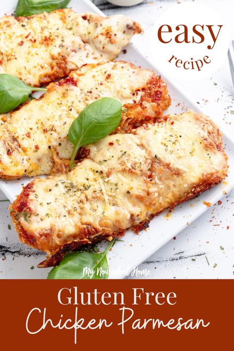 This Gluten Free Chicken Parmesan is juicy and packed with delicious flavor. This savory chicken parmesan recipe is made with gluten-free breadcrumbs. This delicious meal is quick and easy and is made in under an hour! This dinner has all the delicious flavors of your typical chicken parm and is the perfect alternative for folks who love Italian food, minus the gluten. Gluten Free Chicken Parmesan, Gluten Free Breadcrumbs, Easy Dinner Recipes With Chicken, Chicken Parmesean, Healthy Easy Dinner Recipes, Dinner Recipes With Chicken, Recipes For The Week, Easy Dinner Recipes For Family, Gluten Free Dinners