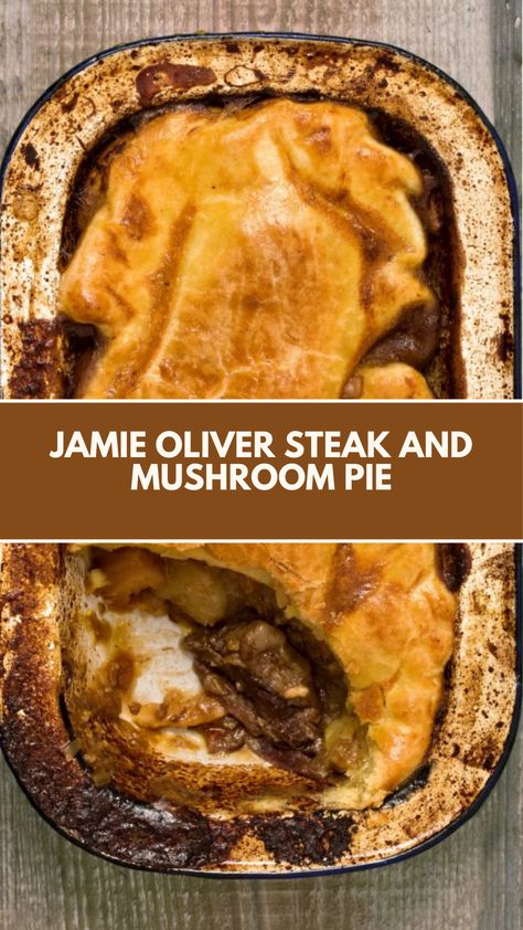 Jamie Oliver Steak and Mushroom Pie is made with red onions, garlic, carrots, celery, field mushrooms, rosemary, olive oil, quality brisket or stewing beef, Guinness, plain flour, Cheddar cheese, puff pastry, and a large egg. This hearty Steak and Mushroom Pie recipe creates a delicious dinner that takes about 3 hours and 15 minutes to prepare and can serve up to 6 people. Field Mushrooms, Mushroom Pie Recipe, Steak Pie Recipe, Steak And Mushroom Pie, Stewing Beef, Garlic Carrots, Rosemary Olive Oil, Steak Pie, Winter Dinners